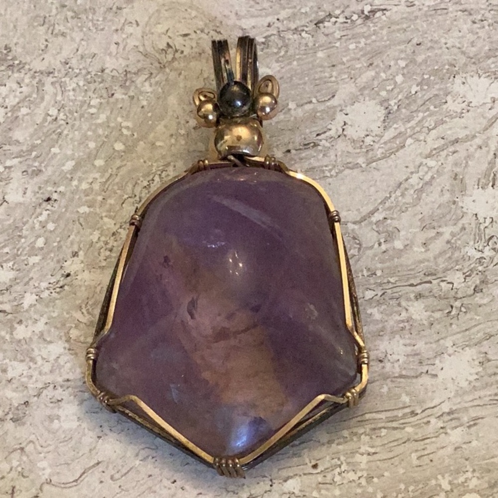 Purple Stone Pendant, Amethyst or Agate, wrapped in metal with large bezel